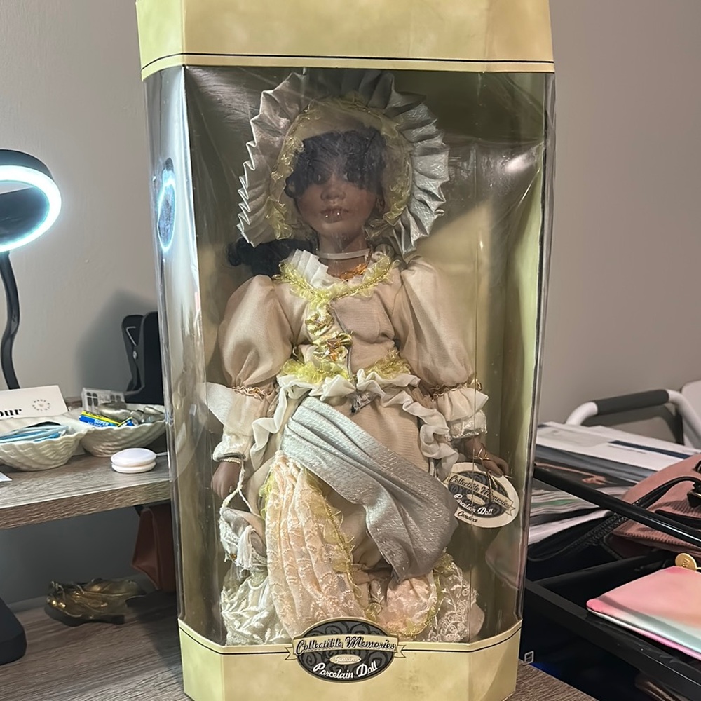 Porcelain Doll with Cream and Yellow Dress